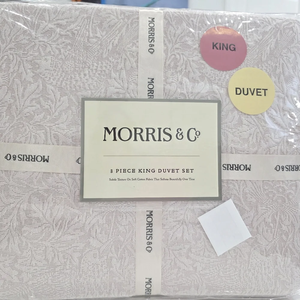 New William Morris & Co Pink Birds Cotton Textured KING Duvet & Shams Set